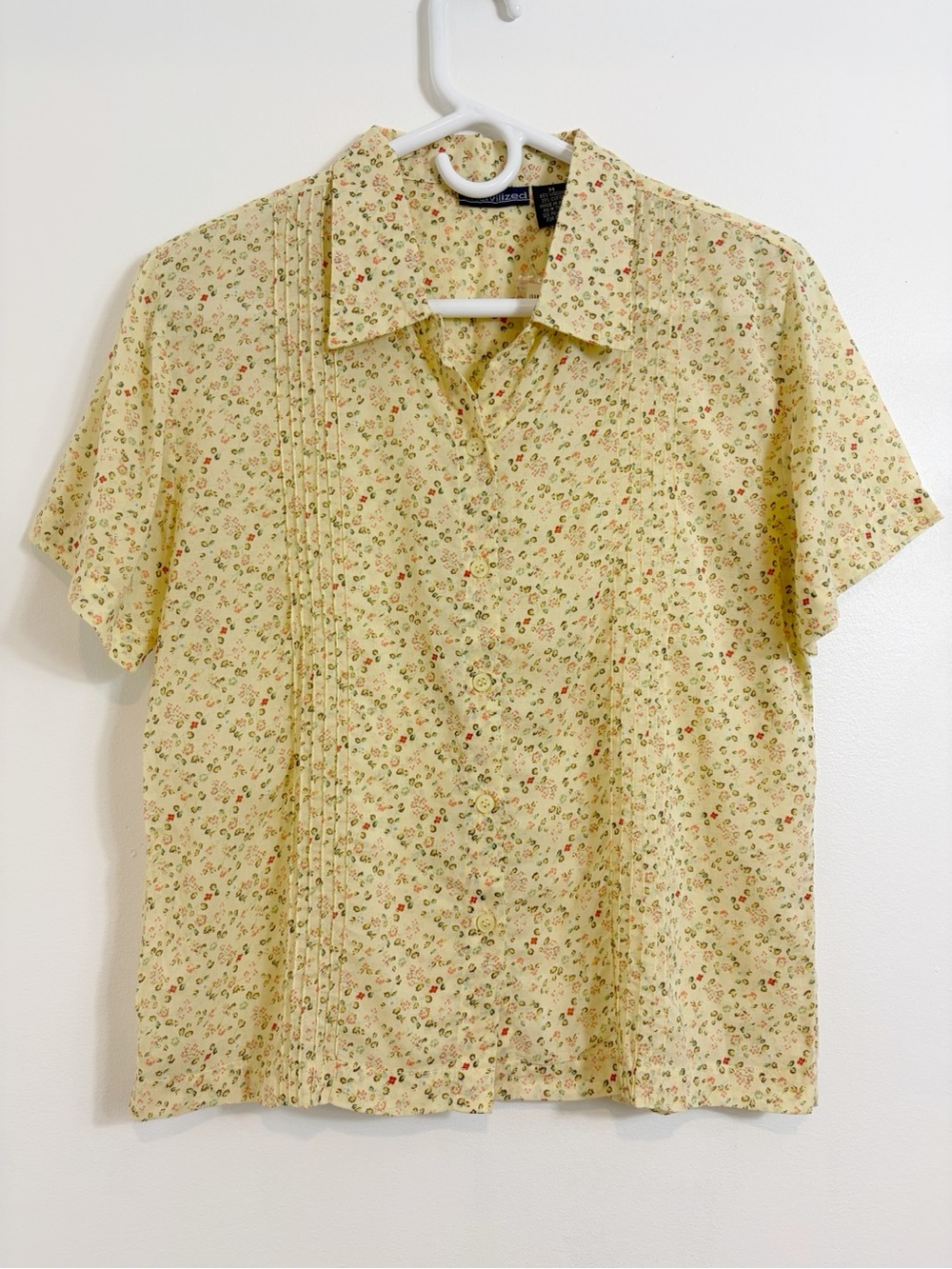 Vintage Uncivilized Butter Yellow Floral Cottagecore Pintuck Cotton Blend Blouse